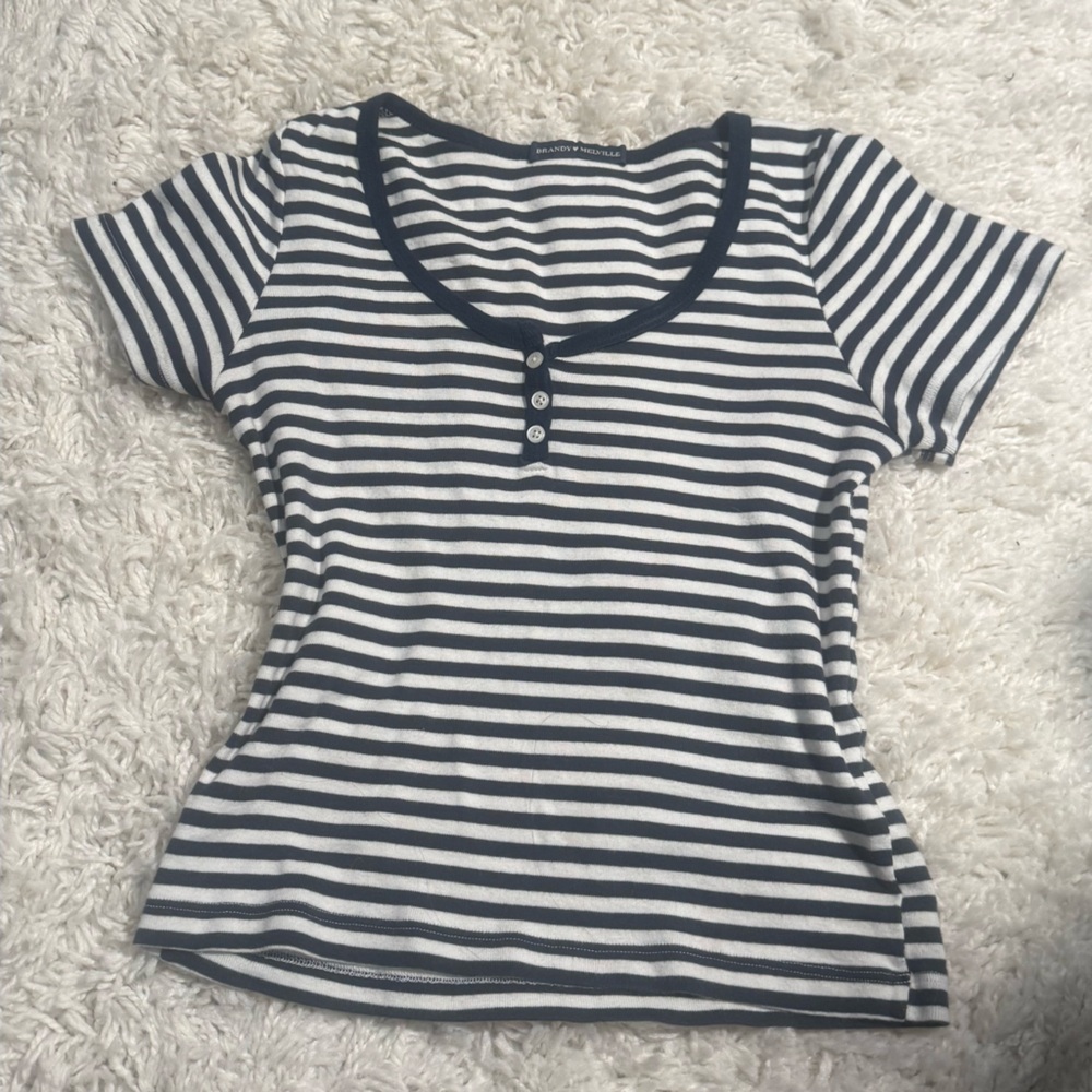 Brandy Melville Navy and White Striped Tee